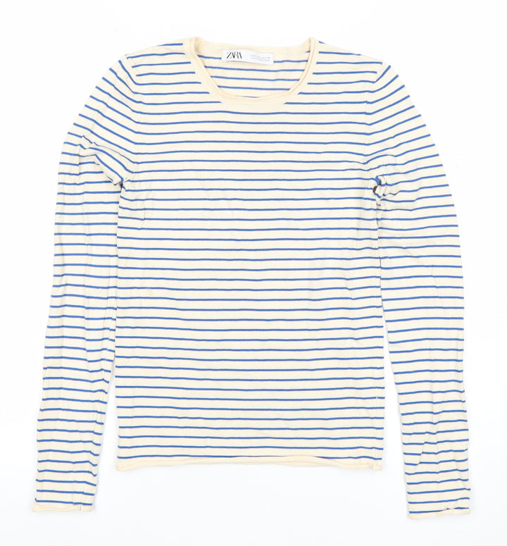 Zara Womens Beige Blue Striped Long Sleeve Cotton T-Shirt S