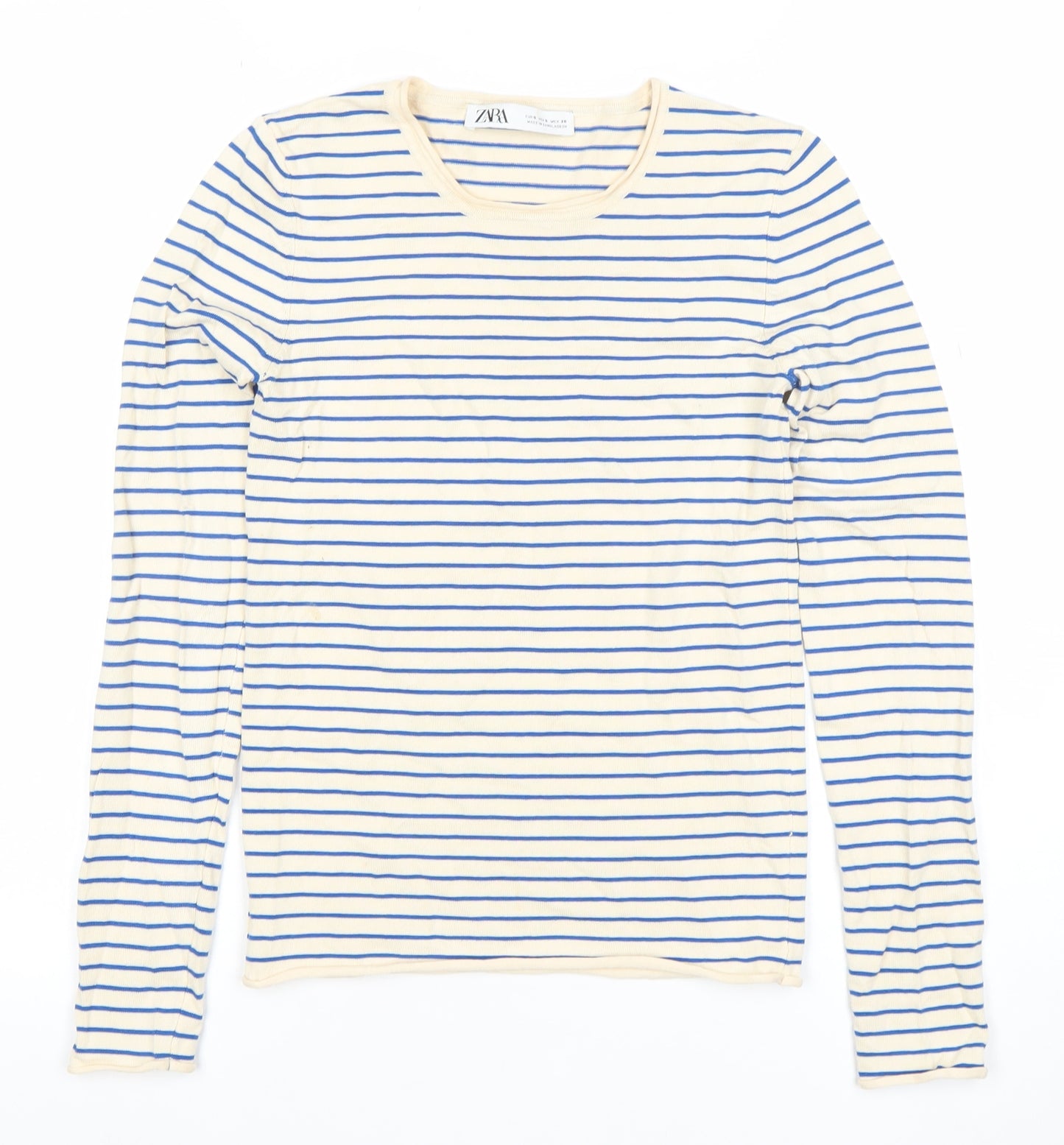 Zara Womens Beige Blue Striped Long Sleeve Cotton T-Shirt S