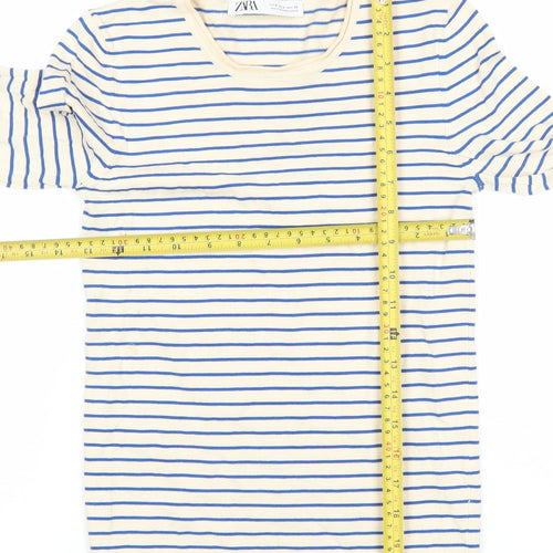 Zara Womens Beige Blue Striped Long Sleeve Cotton T-Shirt S
