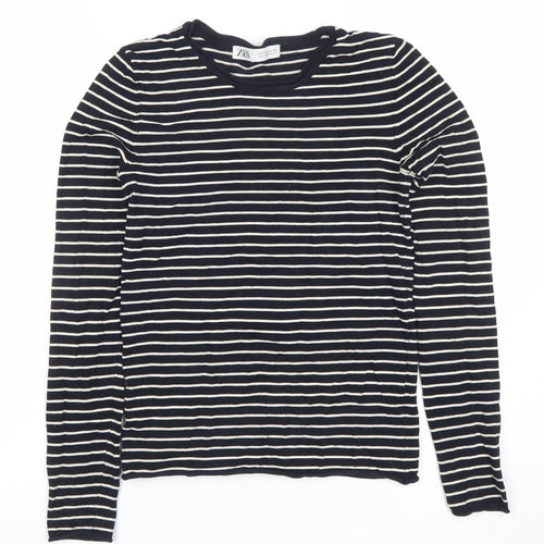 ZARA Women Black White Striped Long Sleeve Cotton T-Shirt XS