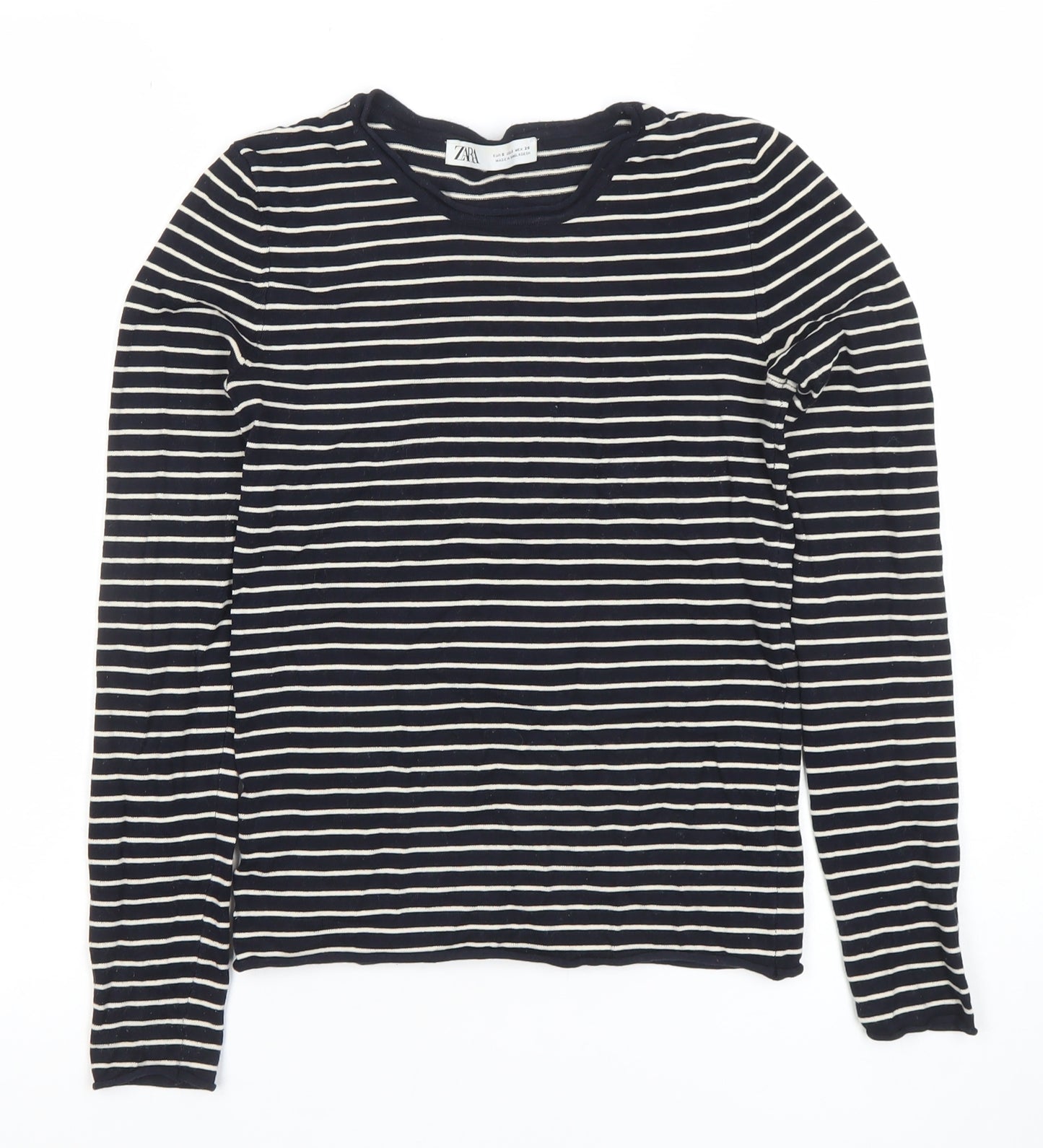 ZARA Women Black White Striped Long Sleeve Cotton T-Shirt XS