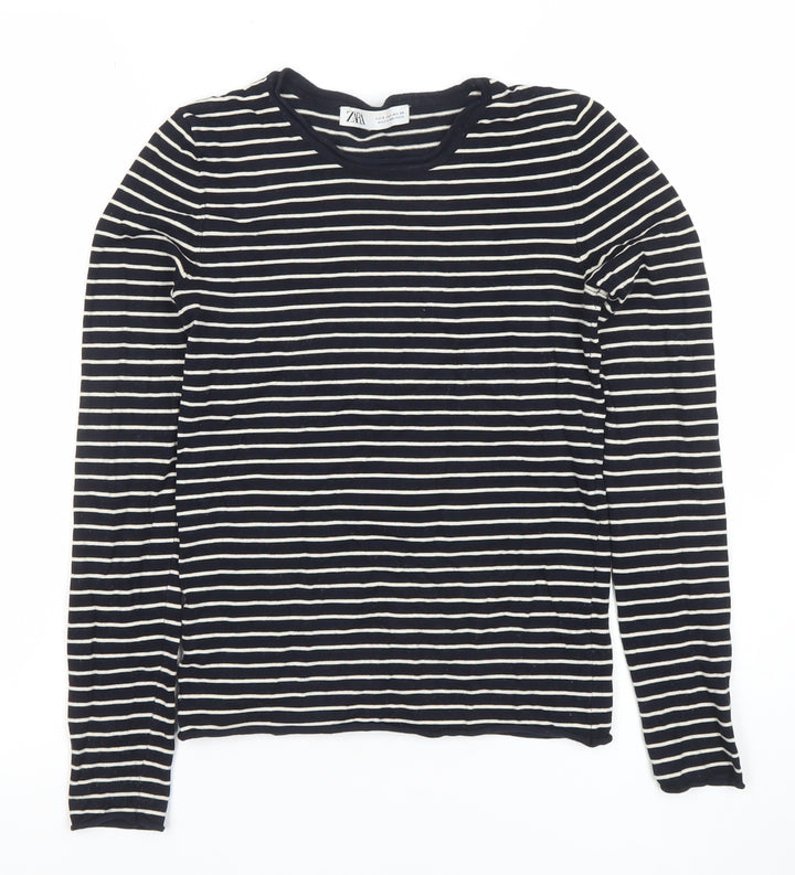 ZARA Women Black White Striped Long Sleeve Cotton T-Shirt XS