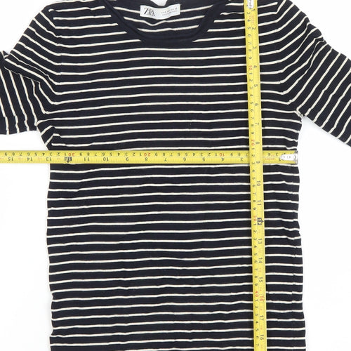 ZARA Women Black White Striped Long Sleeve Cotton T-Shirt XS