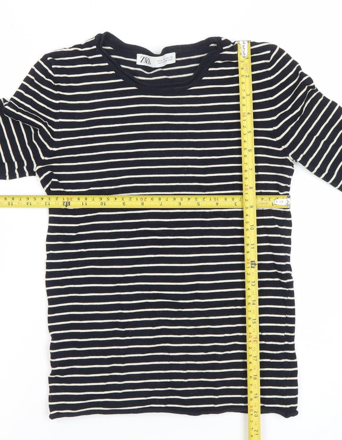 ZARA Women Black White Striped Long Sleeve Cotton T-Shirt XS