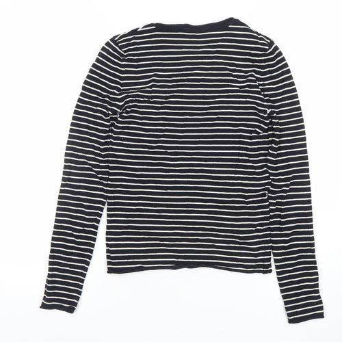 ZARA Women Black White Striped Long Sleeve Cotton T-Shirt XS