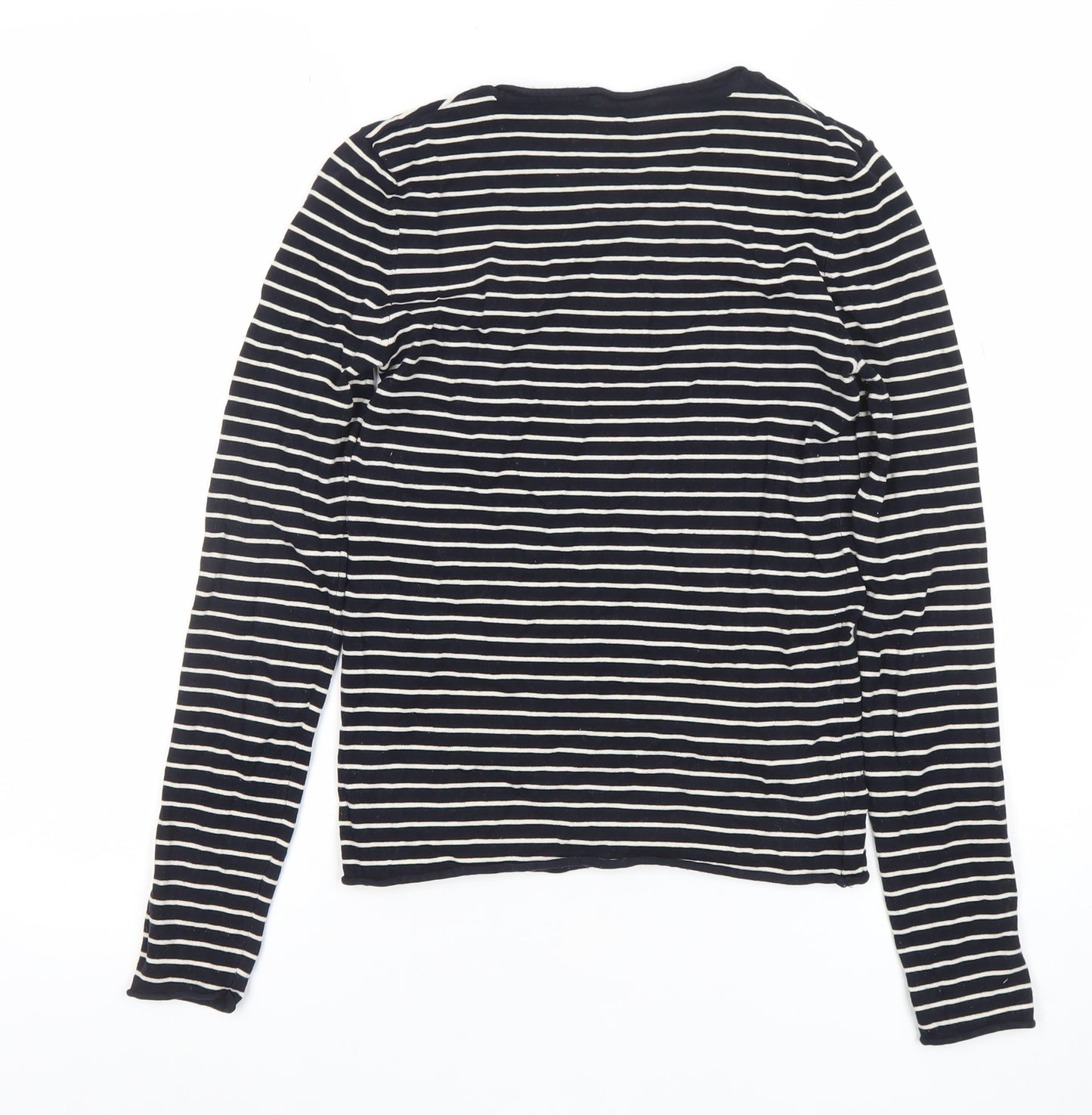 ZARA Women Black White Striped Long Sleeve Cotton T-Shirt XS