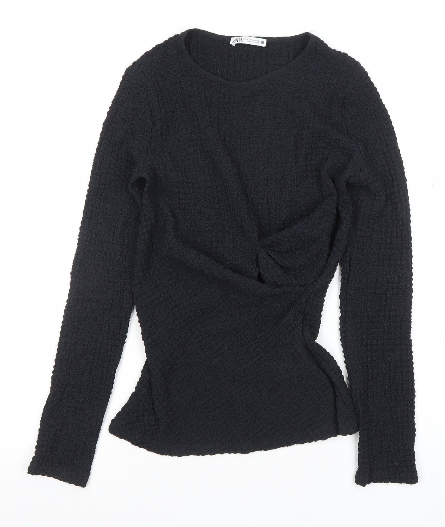 ZARA Women Black Long Sleeve Textured Twist Slim Fit Top M