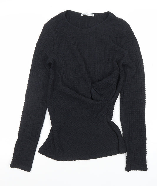 ZARA Women Black Long Sleeve Textured Twist Slim Fit Top M