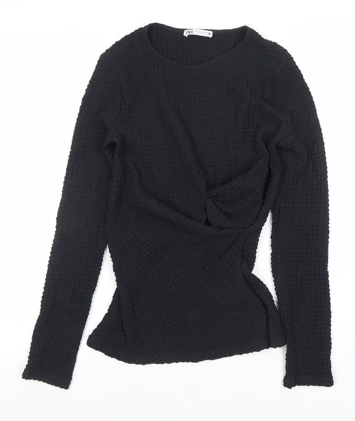 ZARA Women Black Long Sleeve Textured Twist Slim Fit Top M