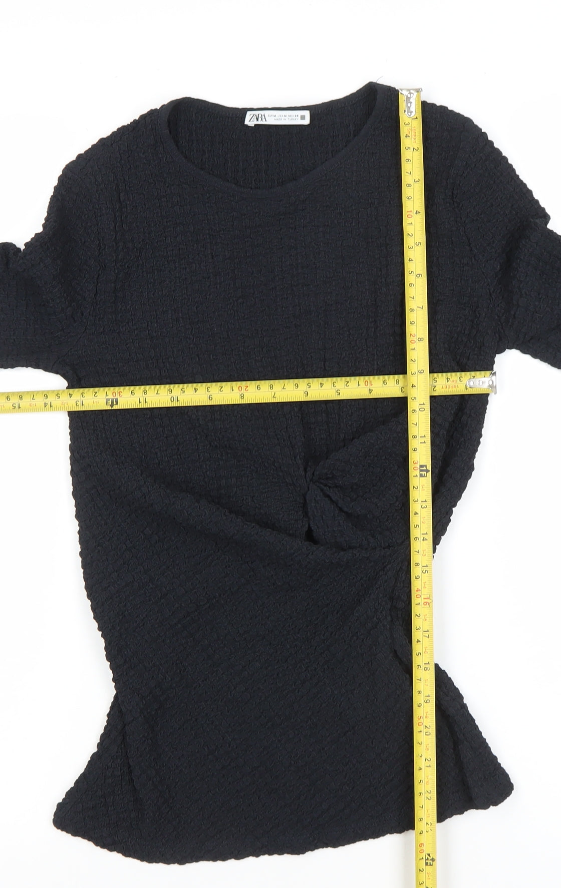 ZARA Women Black Long Sleeve Textured Twist Slim Fit Top M