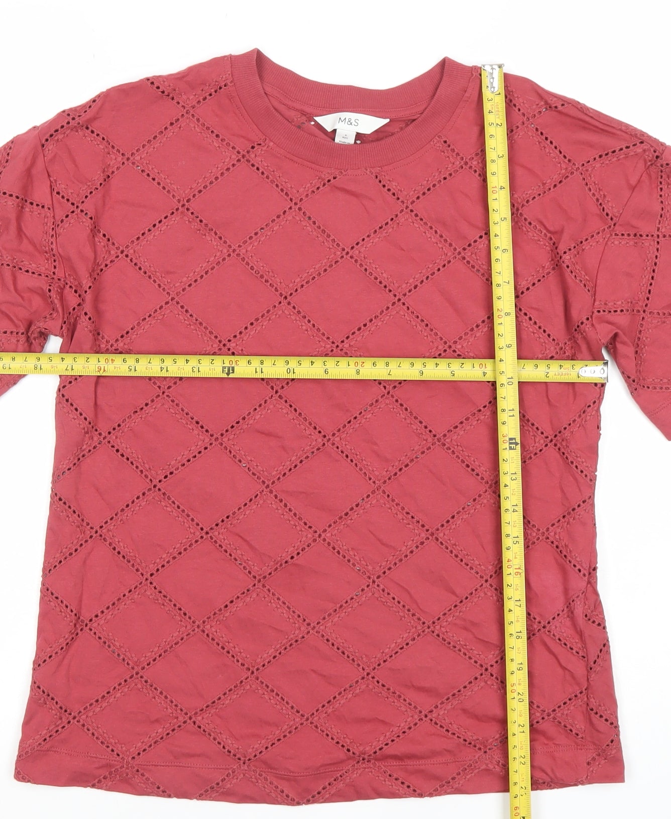 Marks and Spencer Women's Red Cotton Lace Detail T-Shirt Size 6