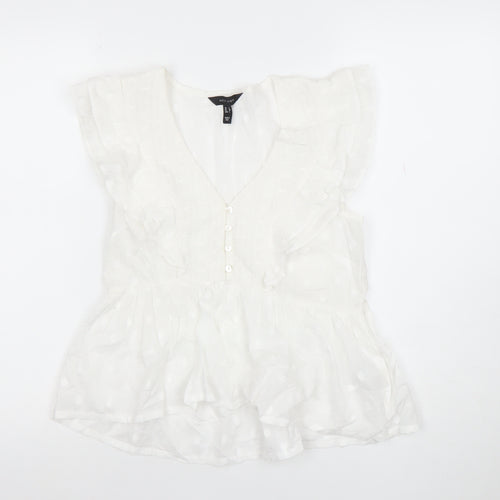 New Look Women’s White Ruffle Polka Dot V-Neck Chiffon Blouse Size 12