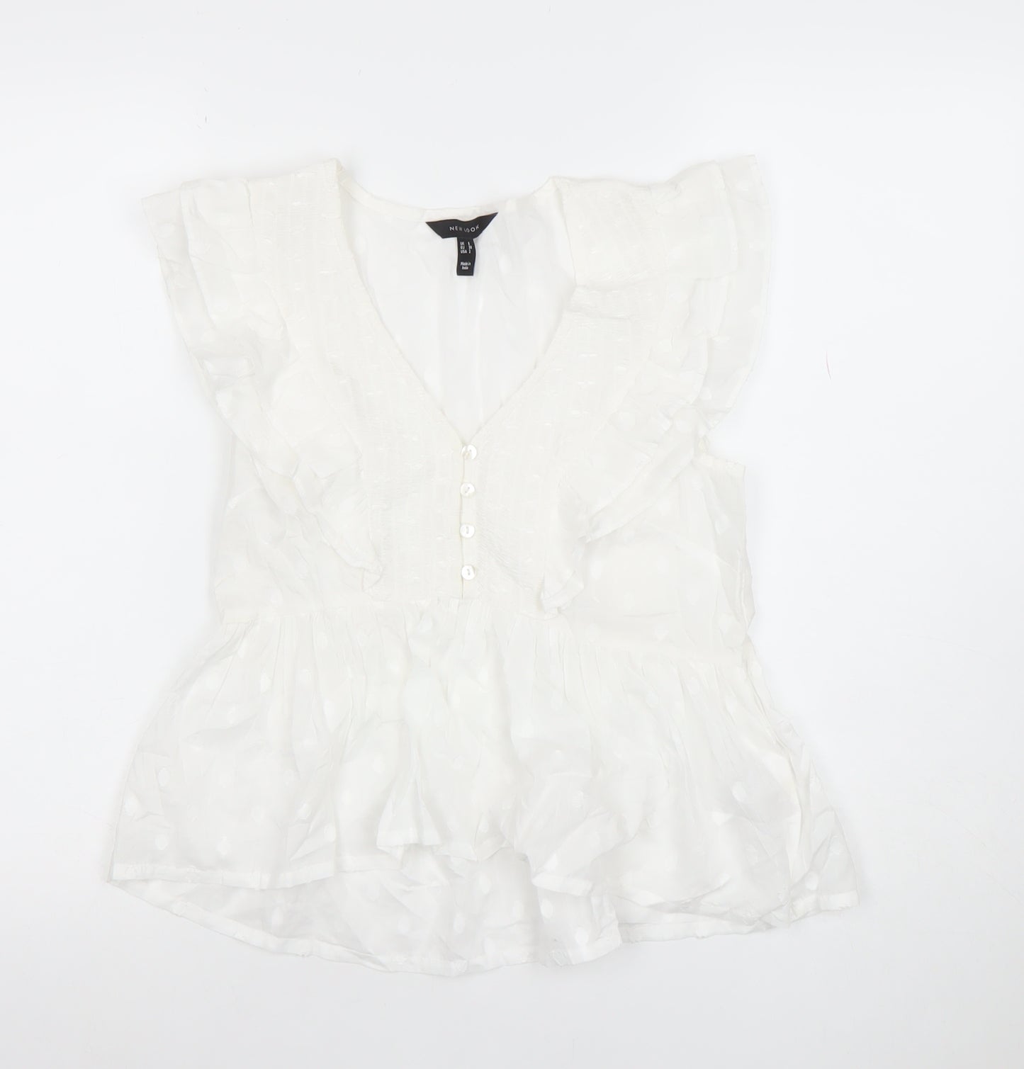 New Look Women’s White Ruffle Polka Dot V-Neck Chiffon Blouse Size 12