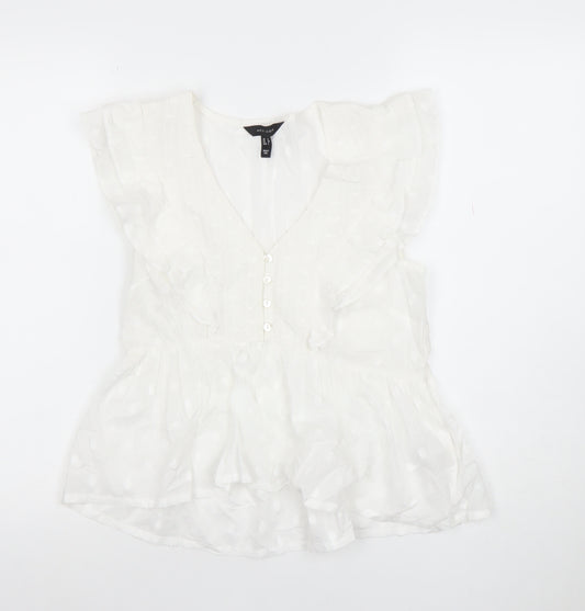 New Look Women’s White Ruffle Polka Dot V-Neck Chiffon Blouse Size 12