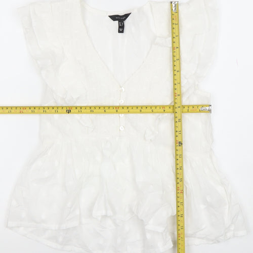 New Look Women’s White Ruffle Polka Dot V-Neck Chiffon Blouse Size 12