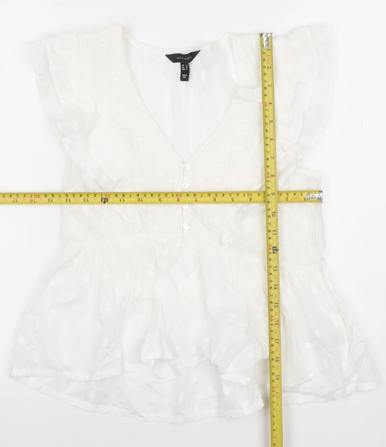 New Look Women’s White Ruffle Polka Dot V-Neck Chiffon Blouse Size 12