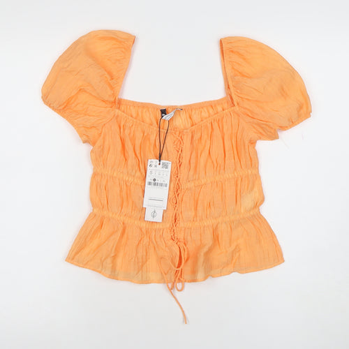 Stradivarius Women's Orange Puff Sleeve Tunic Blouse Size S