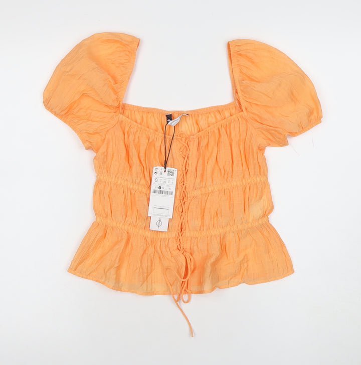 Stradivarius Women's Orange Puff Sleeve Tunic Blouse Size S
