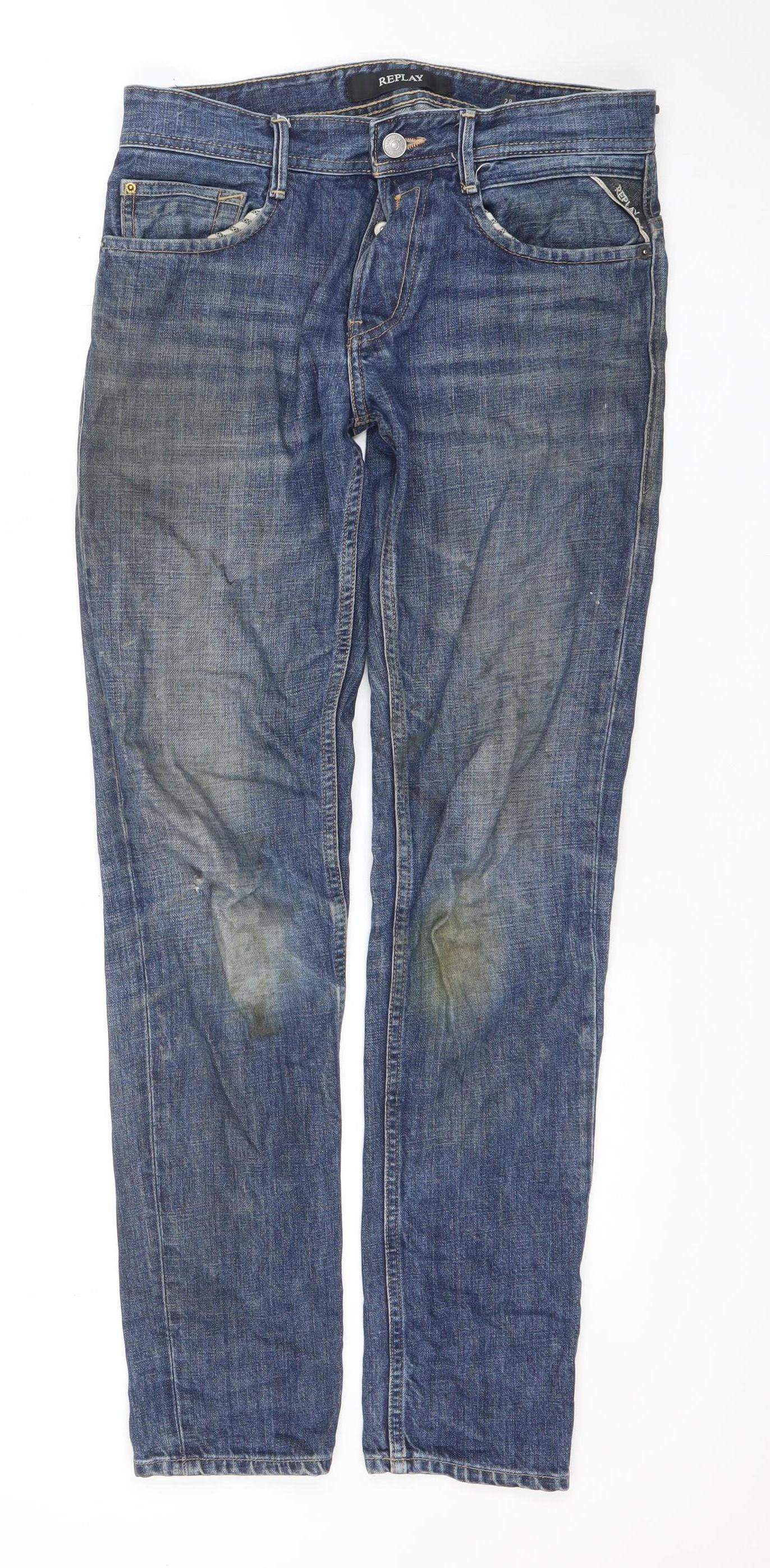 Replay Men's Blue Denim Straight Jeans 28W 30L Regular Fit