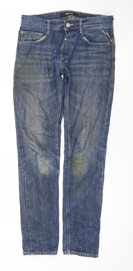 Replay Men's Blue Denim Straight Jeans 28W 30L Regular Fit