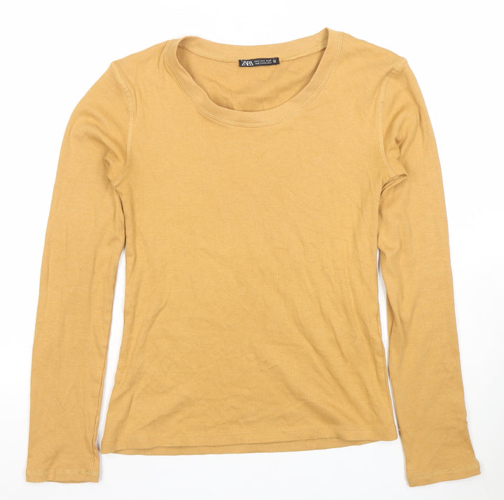 ZARA Women's Beige Basic Long Sleeve Cotton T-Shirt Size S