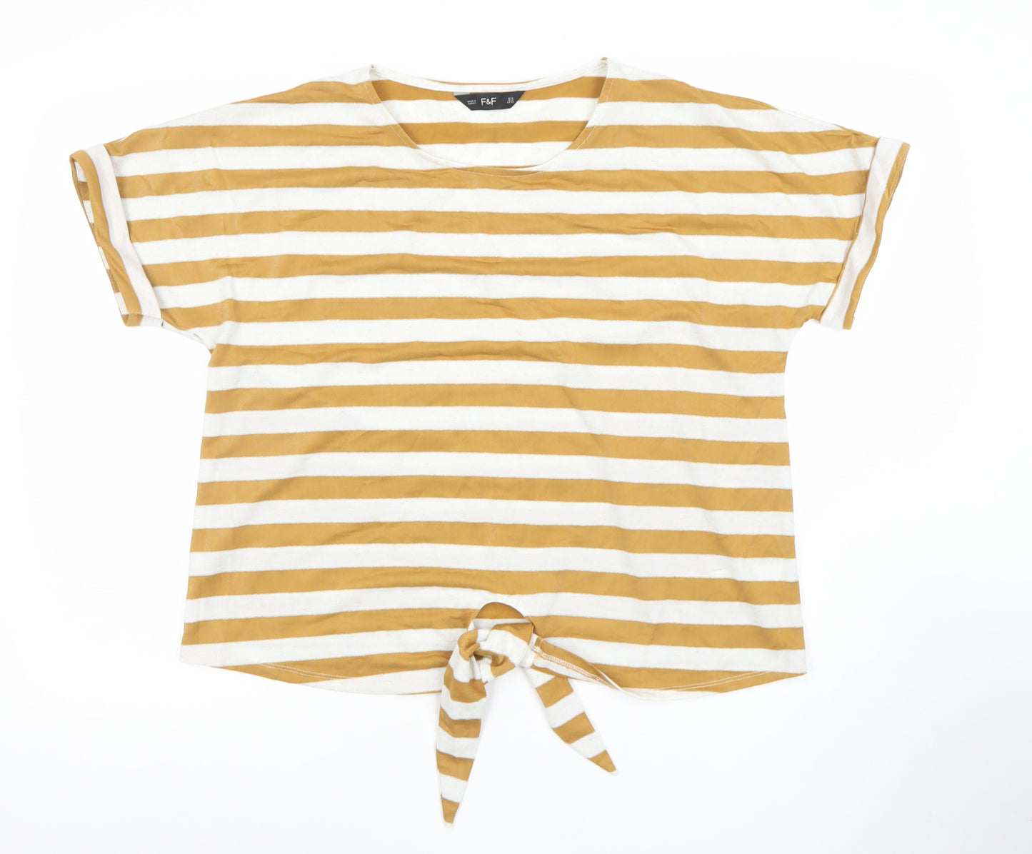 F&F Women’s Mustard White Striped Tie Front Cotton T-Shirt Size 16