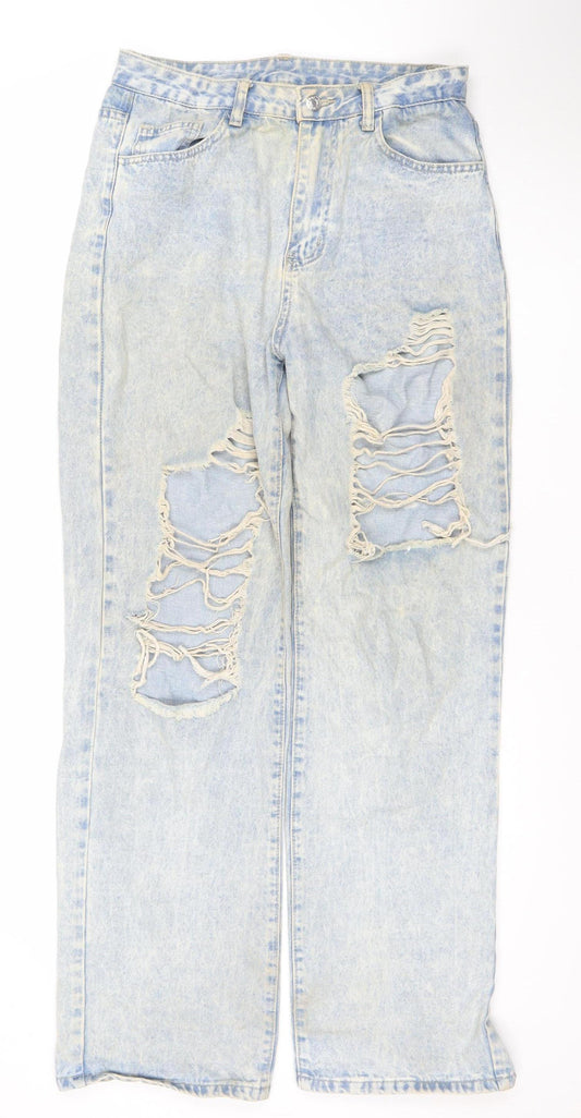 SHEIN Womens Blue Distressed Straight Leg Denim Jeans Size 10