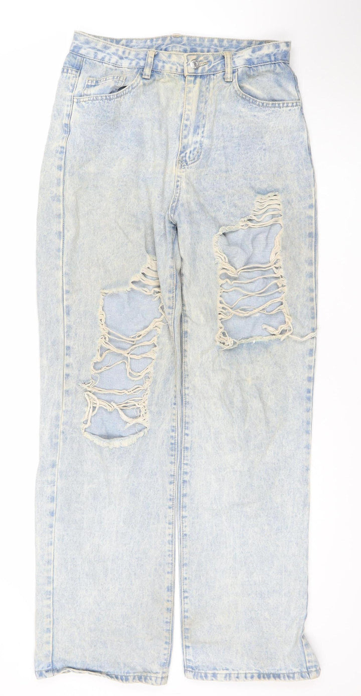SHEIN Womens Blue Distressed Straight Leg Denim Jeans Size 10