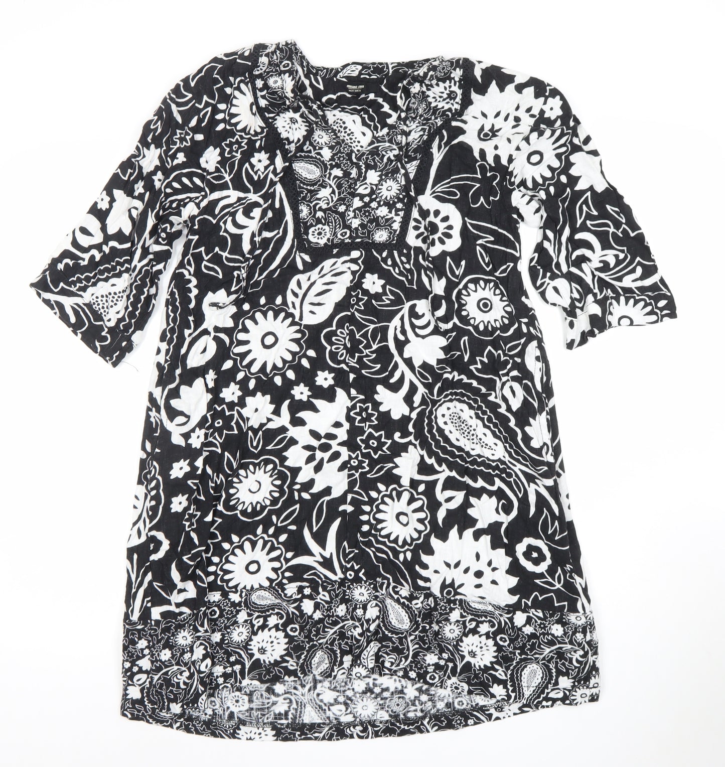 Next Petite Black Floral Linen Blend Shift Dress Size S