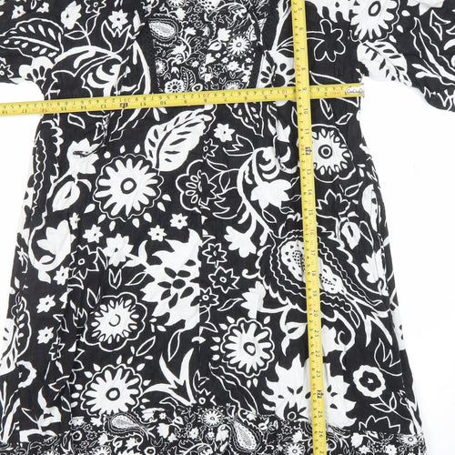 Next Petite Black Floral Linen Blend Shift Dress Size S