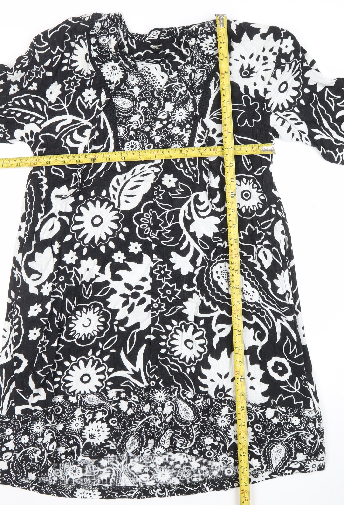 Next Petite Black Floral Linen Blend Shift Dress Size S