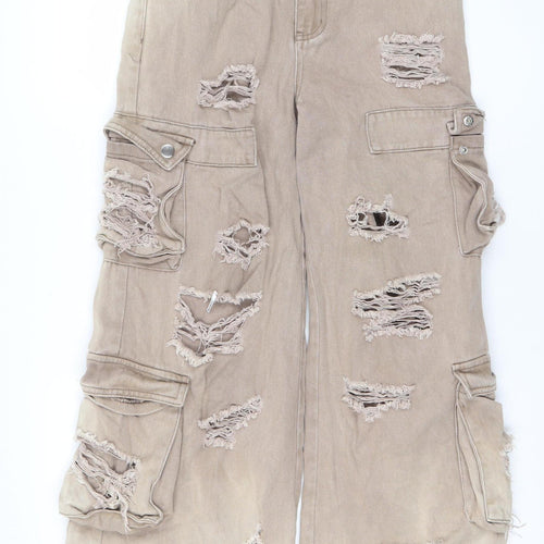 PrettyLittleThing Petite Beige Distressed Cargo Wide-Leg Jeans UK 8