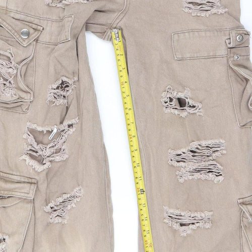PrettyLittleThing Petite Beige Distressed Cargo Wide-Leg Jeans UK 8