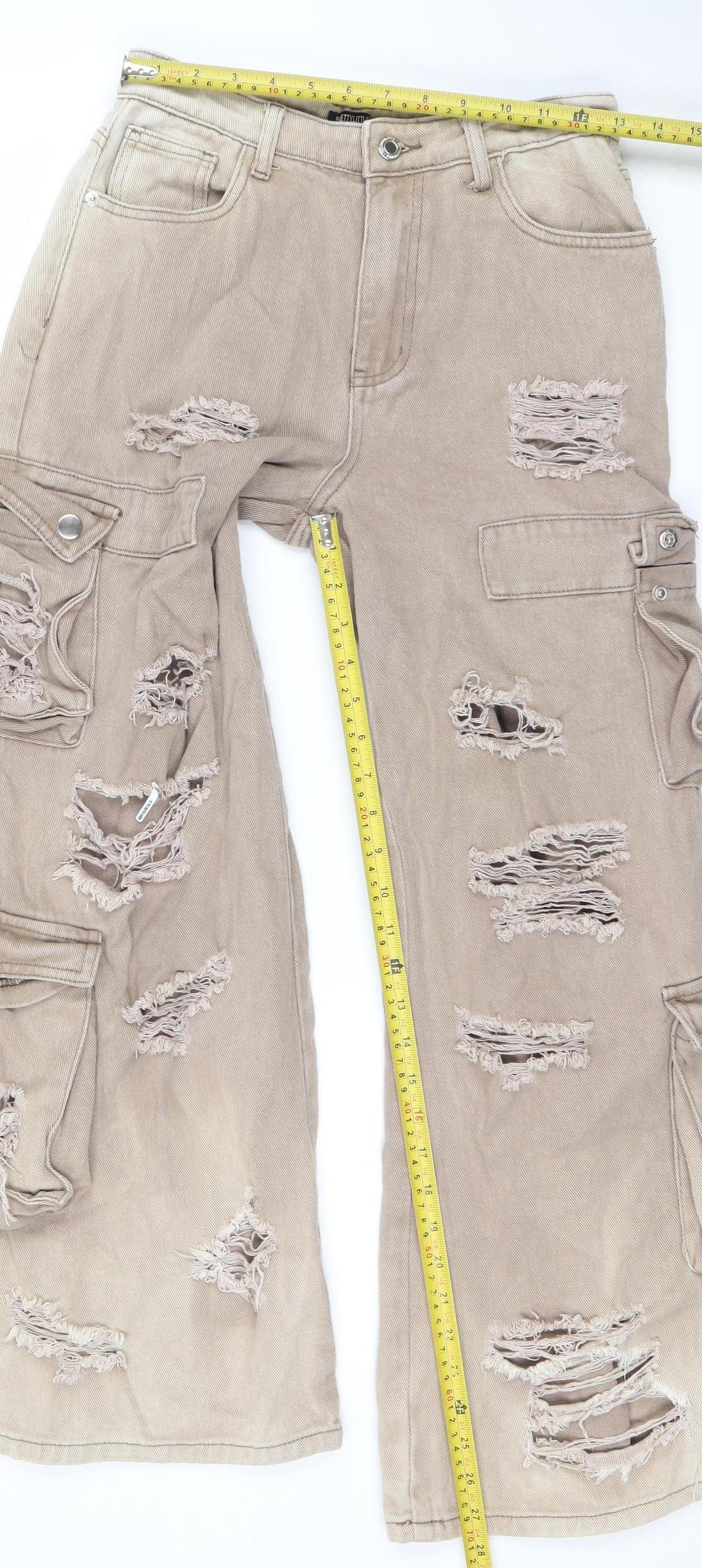 PrettyLittleThing Petite Beige Distressed Cargo Wide-Leg Jeans UK 8