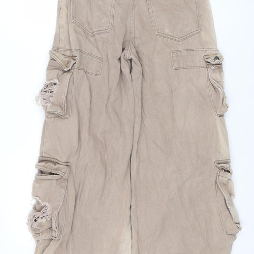 PrettyLittleThing Petite Beige Distressed Cargo Wide-Leg Jeans UK 8