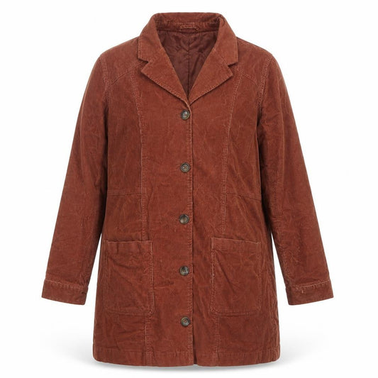 Front view of RVCA Women’s Brown Corduroy Overcoat, size UK 12, Button Long Jacket