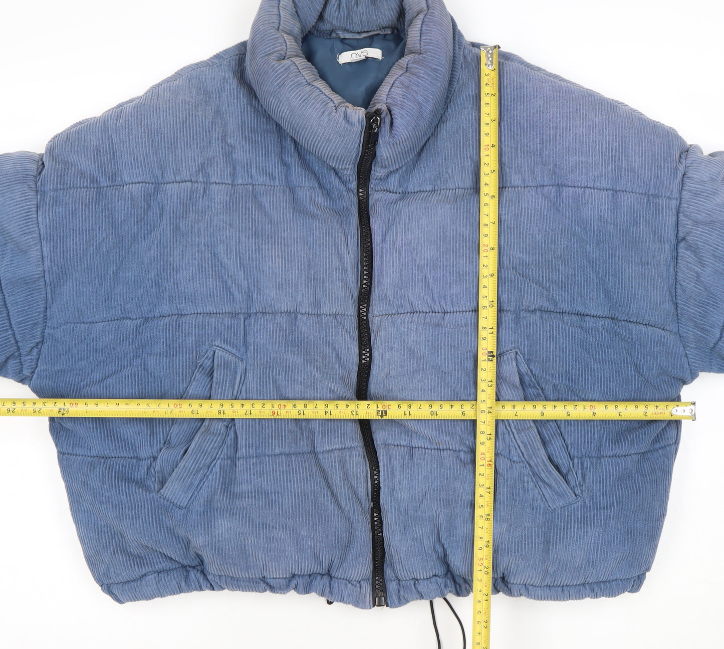 OVS Women Blue Corduroy Puffer Jacket Size 12 Short Zip Winter Coat