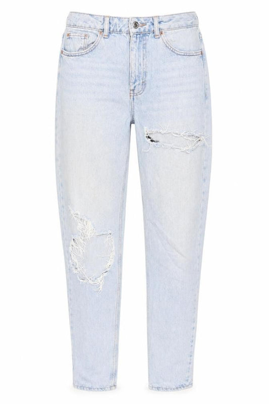 Front view of Topshop Women’s Blue High Rise Mom Jeans, size UK 10, Distressed Denim