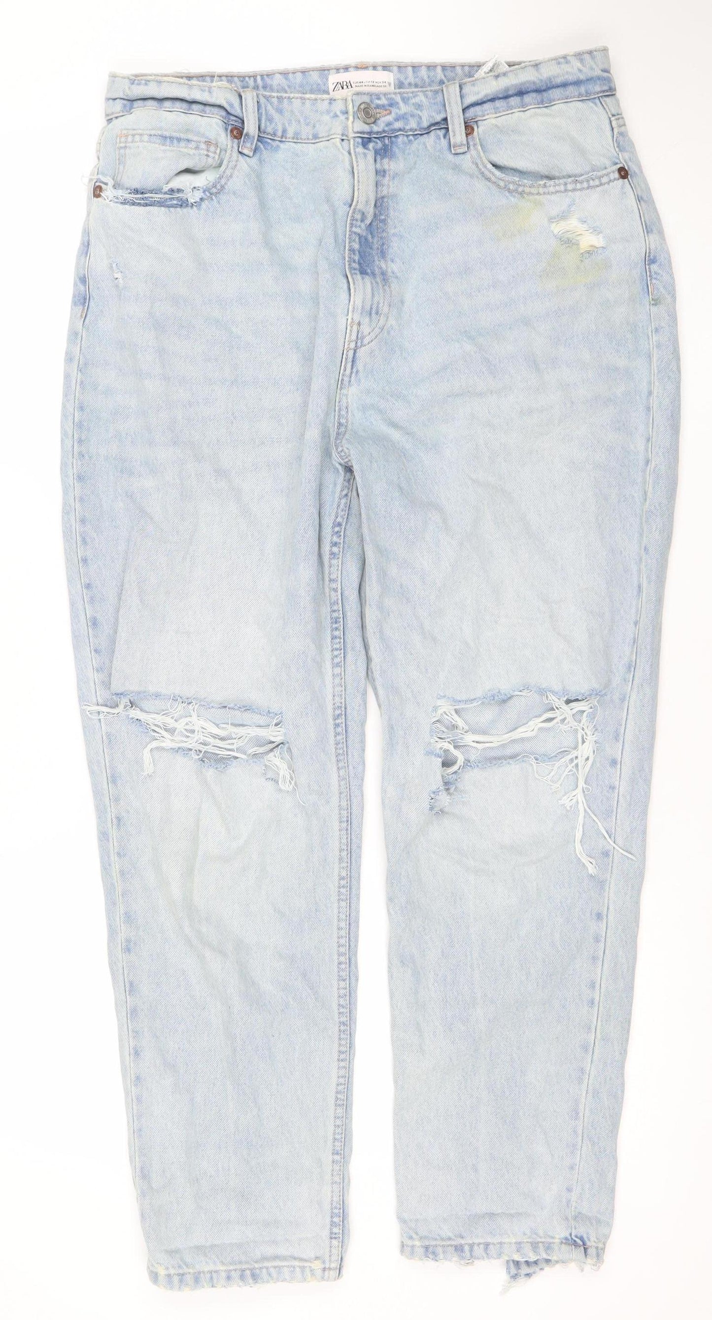 Zara Women's Blue Distressed Boyfriend Relaxed Mid Rise Jeans Size 16