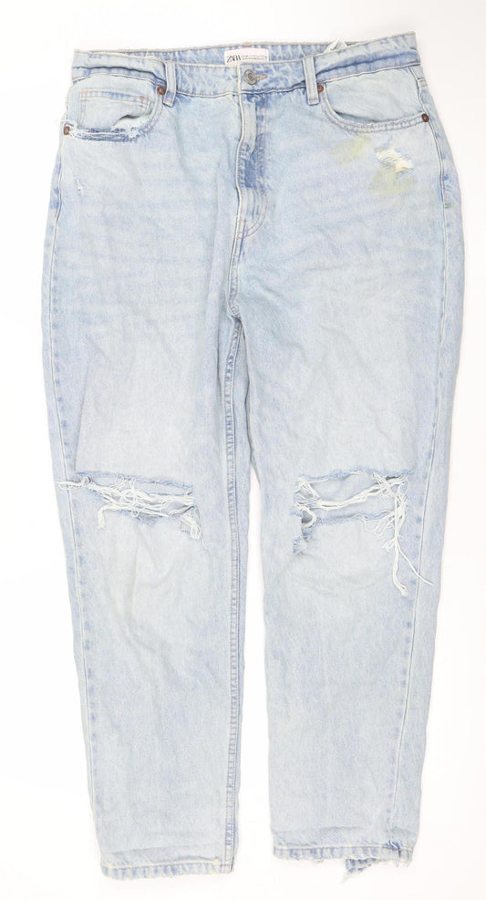Zara Women's Blue Distressed Boyfriend Relaxed Mid Rise Jeans Size 16