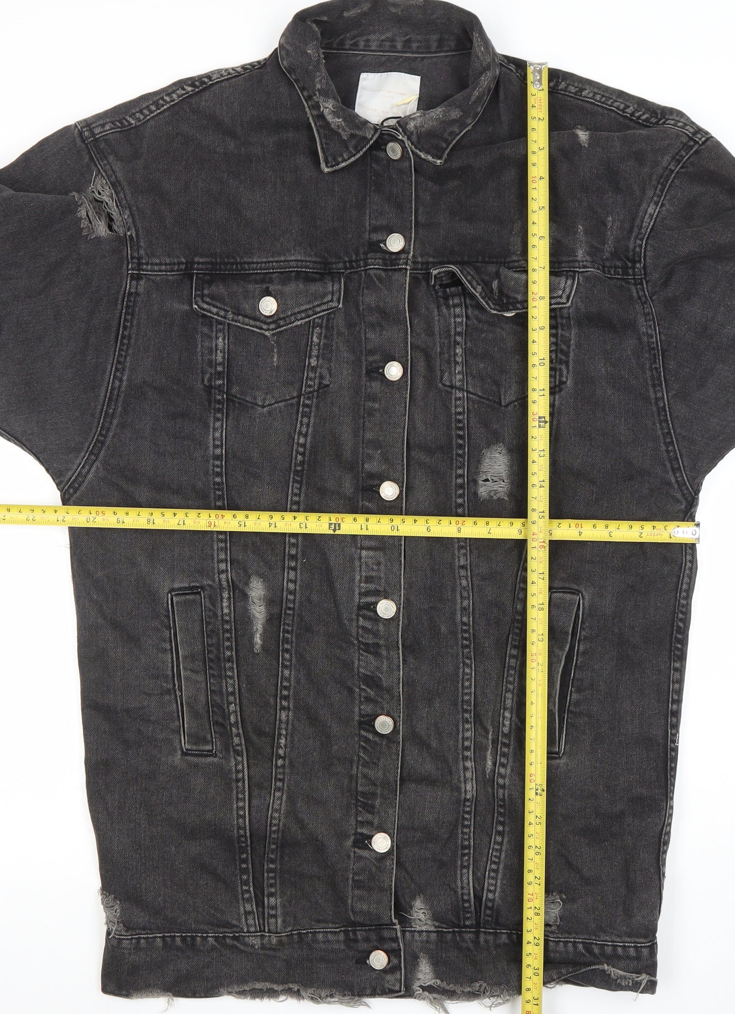 Zara Women Black Distressed Denim Long Jacket Size L