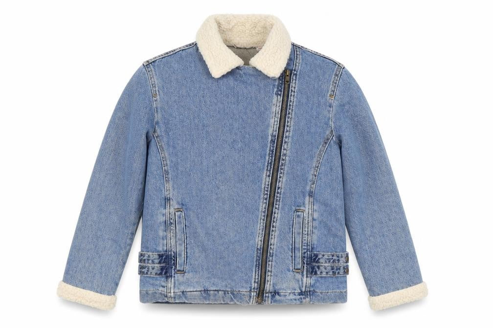 Front view of Zara girls’ blue denim shearling lined biker jacket 9-10 years