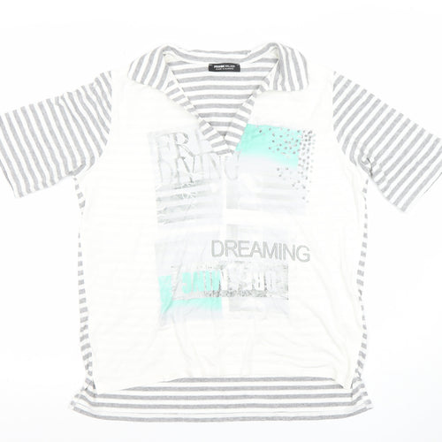 Frank Walder Womens Grey Striped Studded V-Neck T-Shirt Size 14
