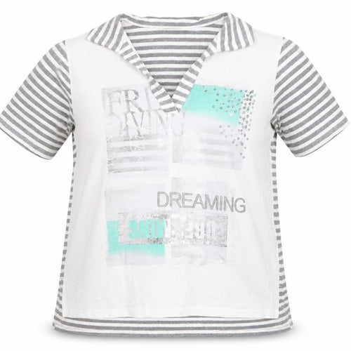 Frank Walder Womens Grey Striped Studded V-Neck T-Shirt Size 14
