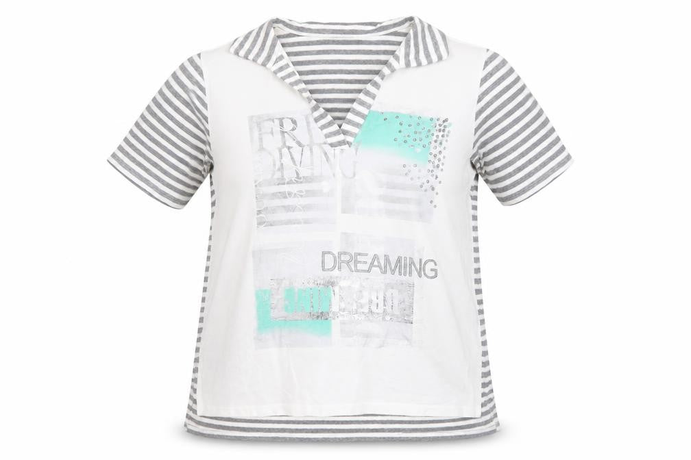 Frank Walder Womens Grey Striped Studded V-Neck T-Shirt Size 14