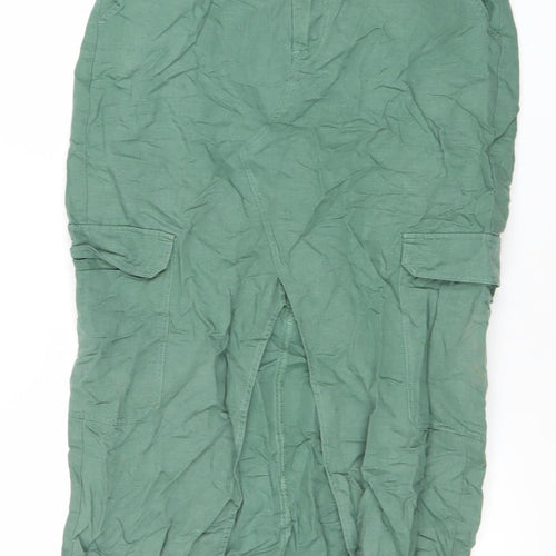 Zara Womens Green Cargo Midi Skirt Size M Linen Cotton