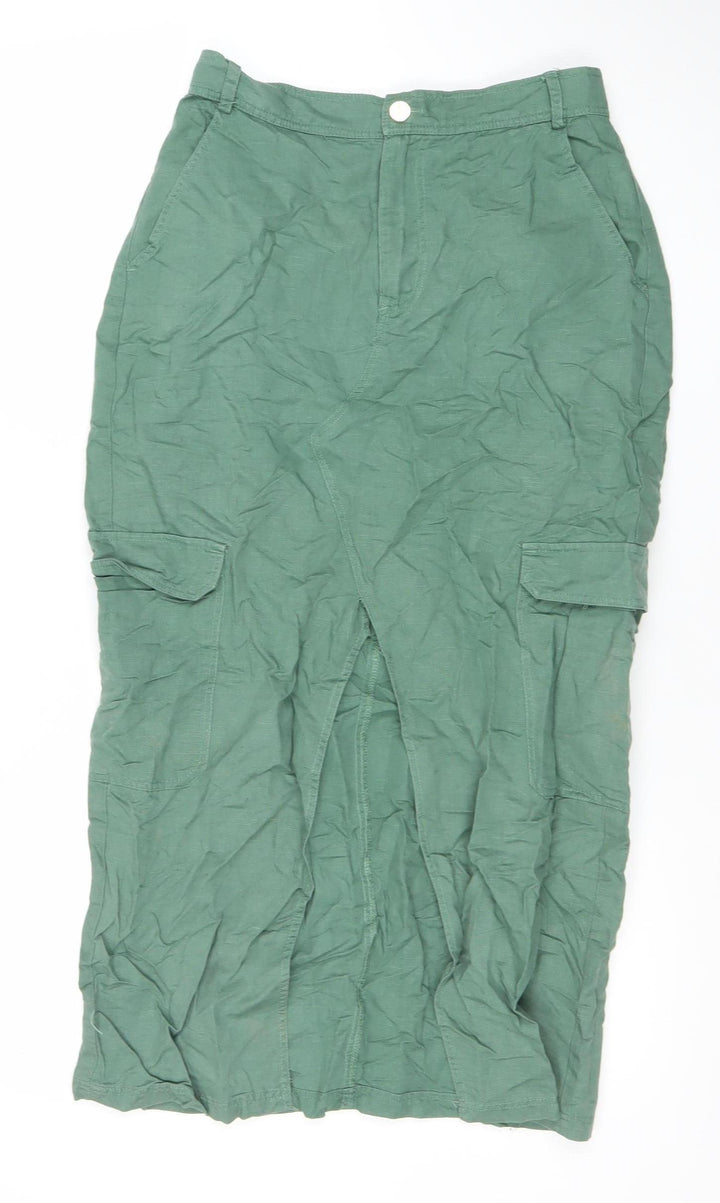 Zara Womens Green Cargo Midi Skirt Size M Linen Cotton