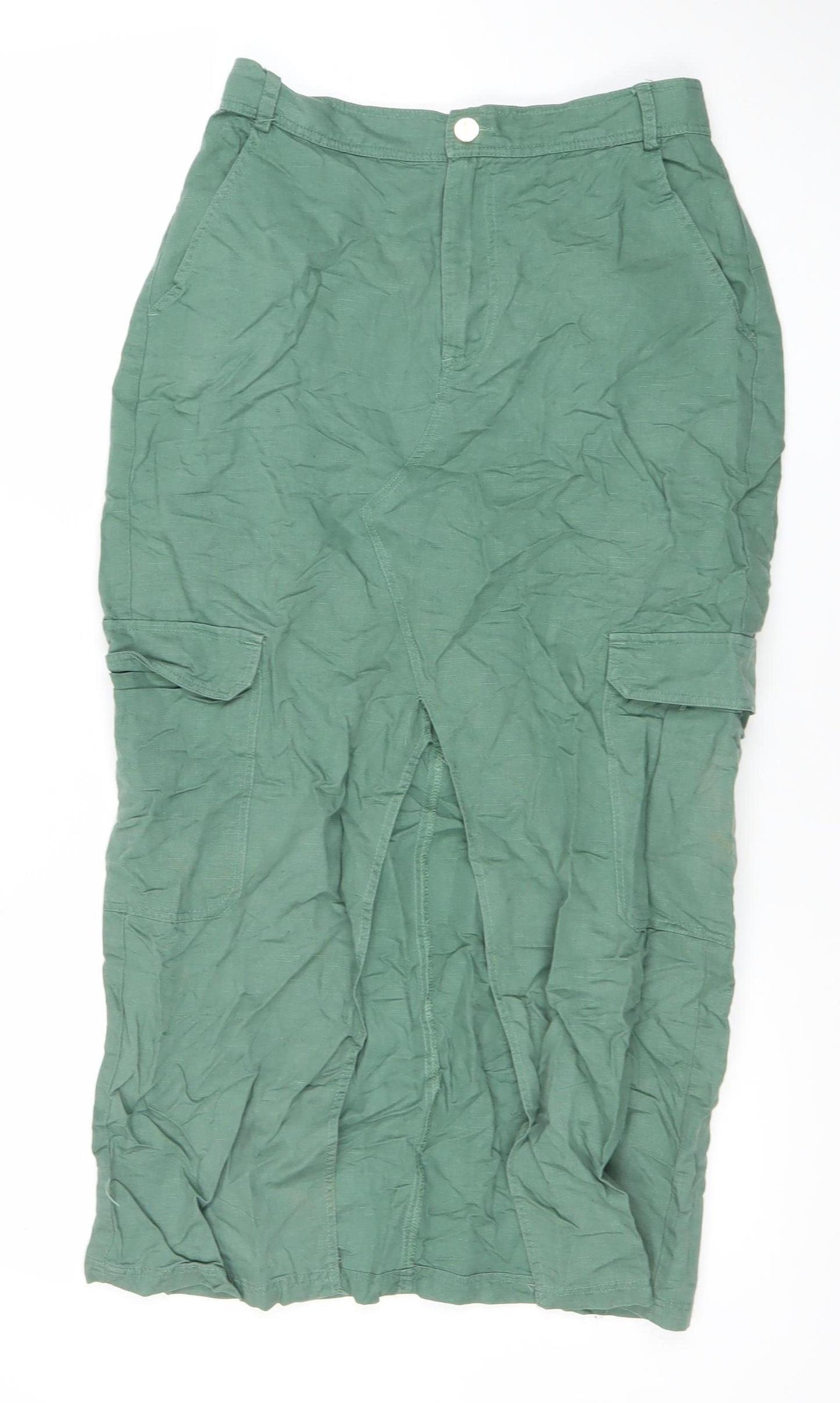 Zara Womens Green Cargo Midi Skirt Size M Linen Cotton