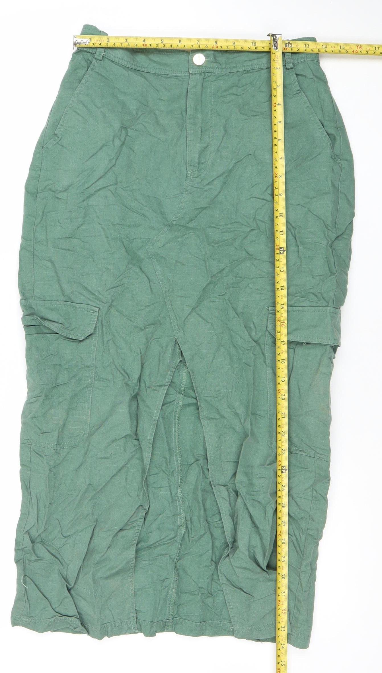 Zara Womens Green Cargo Midi Skirt Size M Linen Cotton