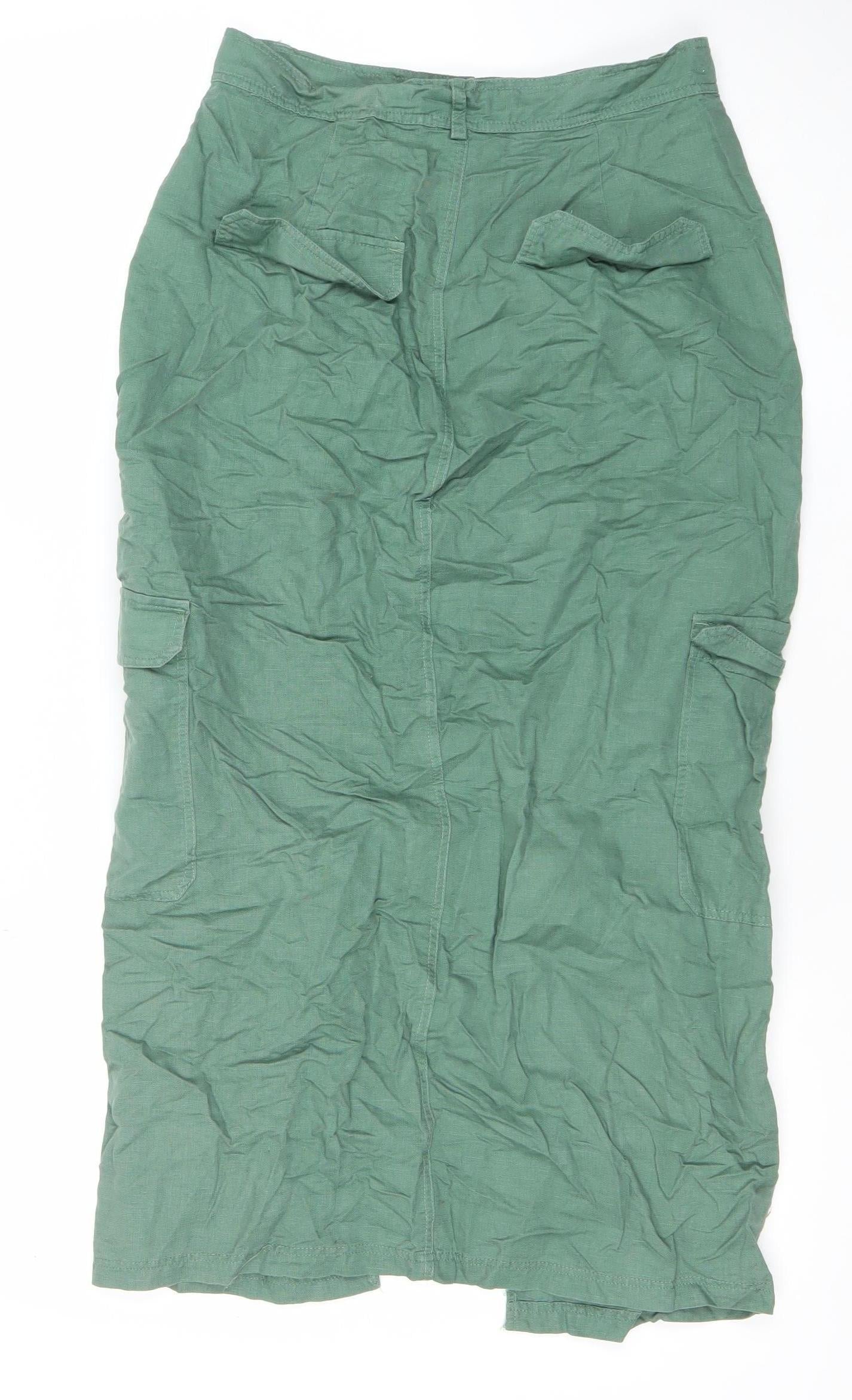Zara Womens Green Cargo Midi Skirt Size M Linen Cotton